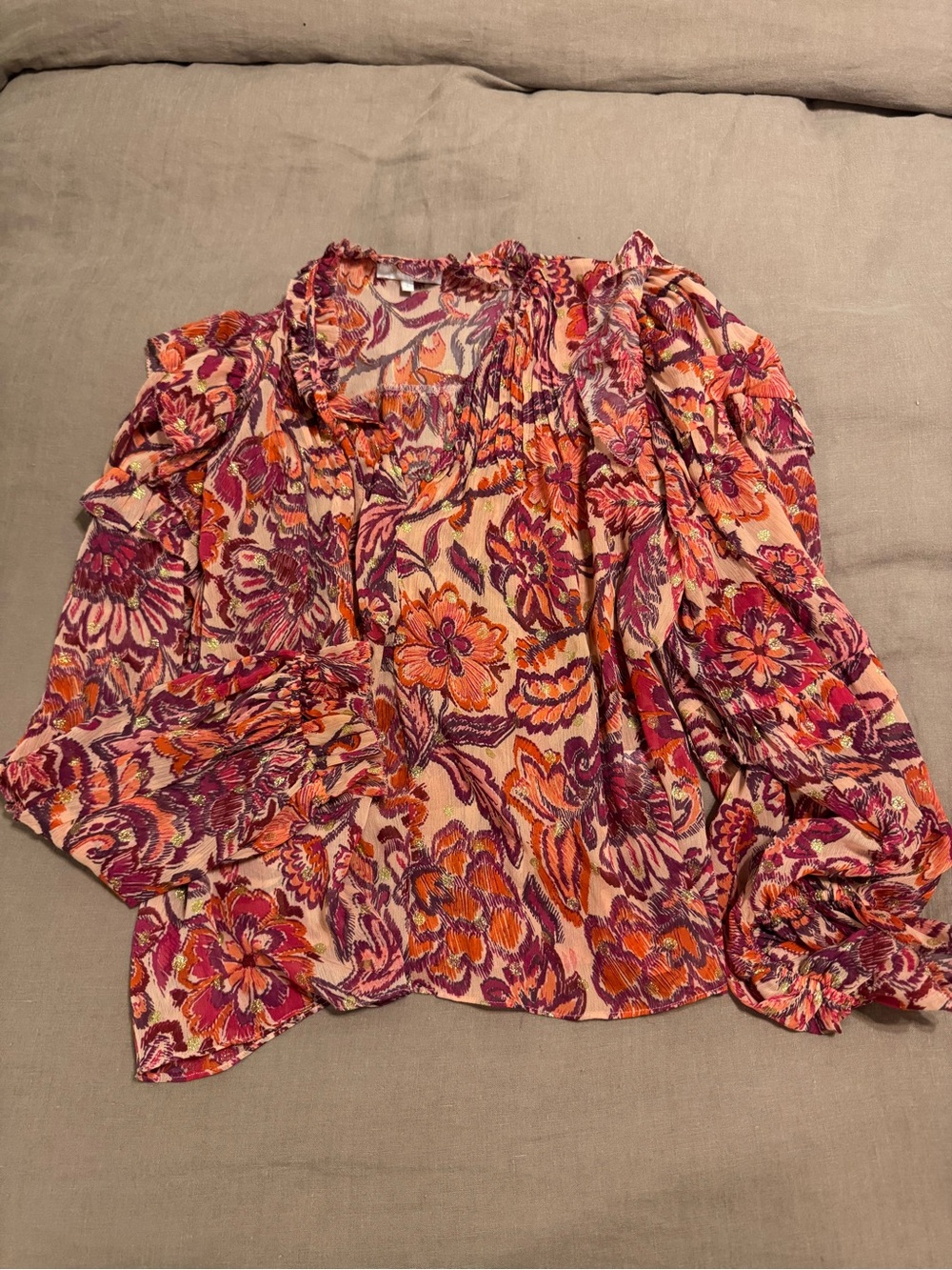 Floral Puff-Sleeve Blouse in Pink and Orange